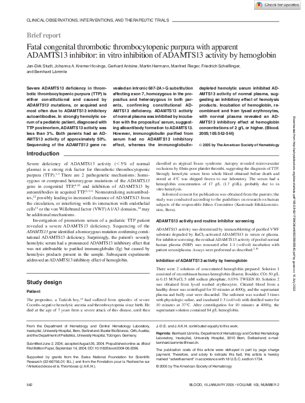 (PDF) Fatal congenital thrombotic thrombocytopenic purpura with ...