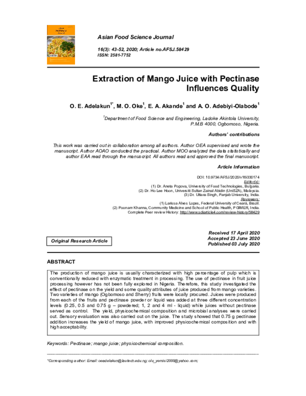 (PDF) Extraction of Mango Juice with Pectinase Influences Quality