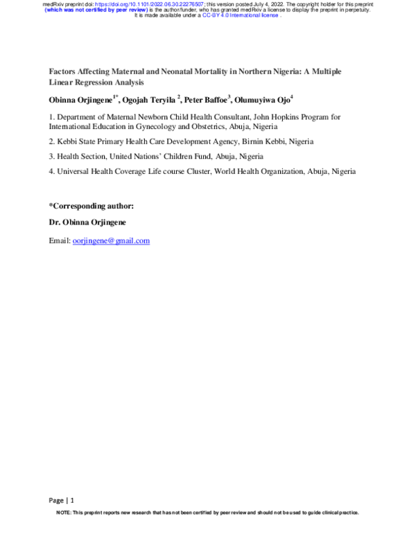 (PDF) Factors Affecting Maternal and Neonatal Mortality in Northern ...