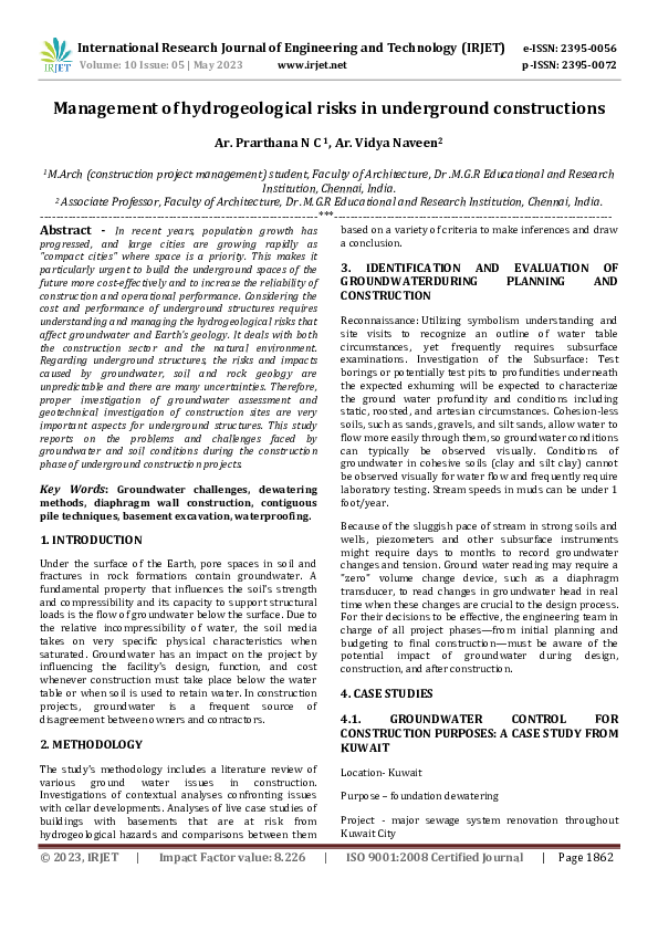 Pdf Management Of Hydrogeological Risks In Underground Constructions
