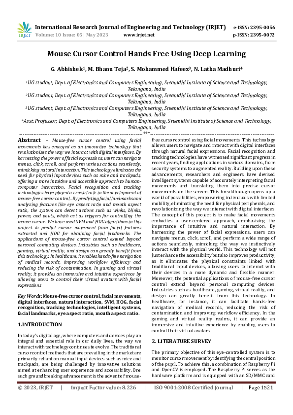 (PDF) Mouse Cursor Control Hands Free Using Deep Learning