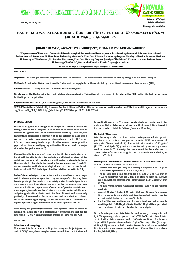 (PDF) BACTERIAL DNA EXTRACTION METHOD FOR THE DETECTION OF HELICOBACTER ...