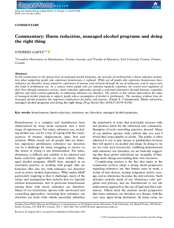 (PDF) Commentary: Harm reduction, managed alcohol programs and doing ...