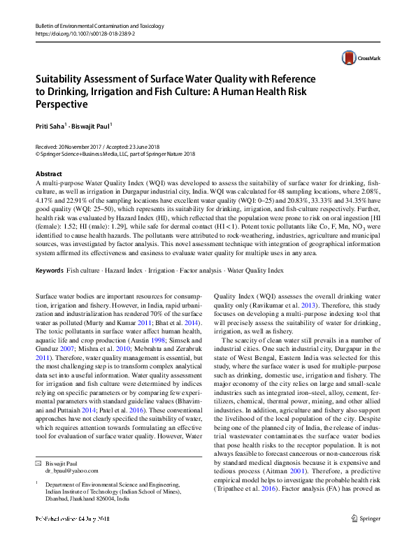 (PDF) Suitability Assessment of Surface Water Quality with Reference to ...