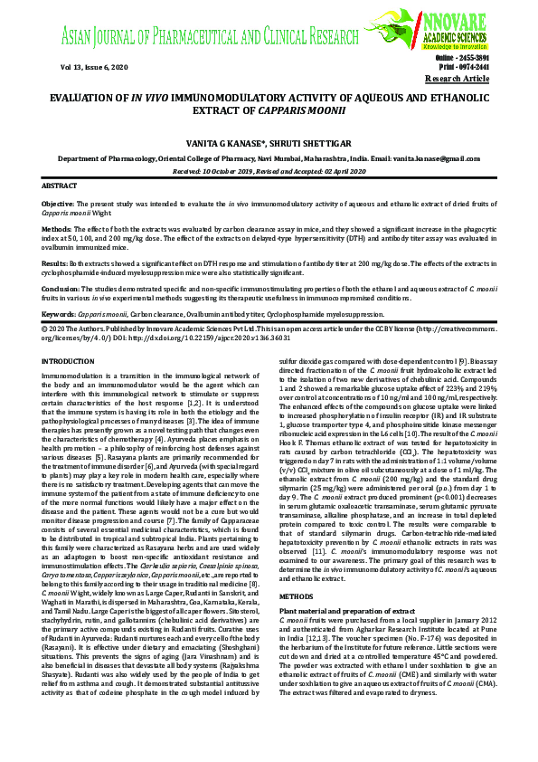 (PDF) EVALUATION OF IN VIVO IMMUNOMODULATORY ACTIVITY OF AQUEOUS AND ...