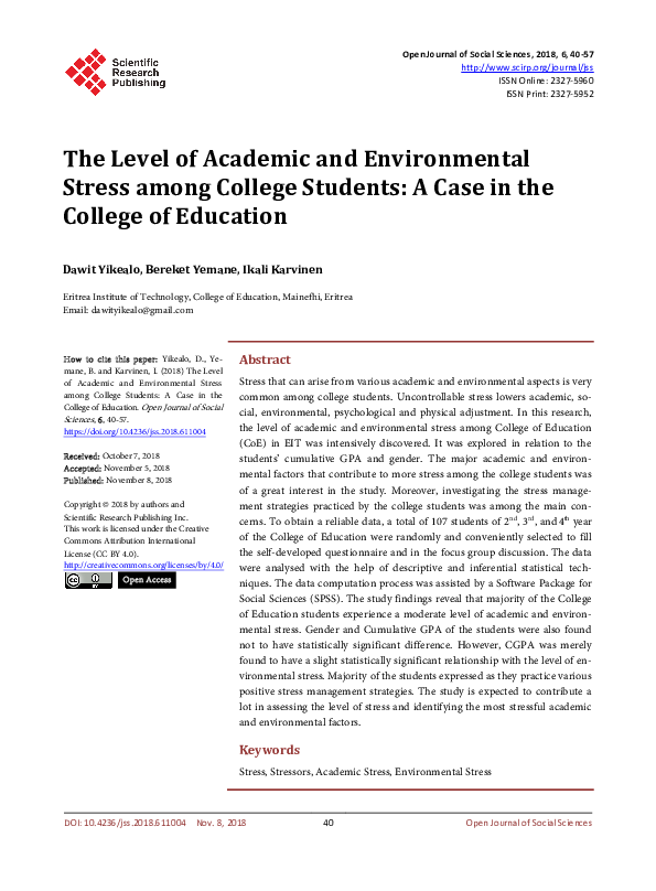 (PDF) The Level of Academic and Environmental Stress among College ...