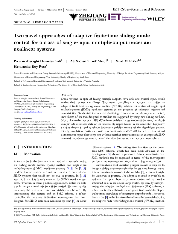 (PDF) Two novel approaches of adaptive finite‐time sliding mode control ...