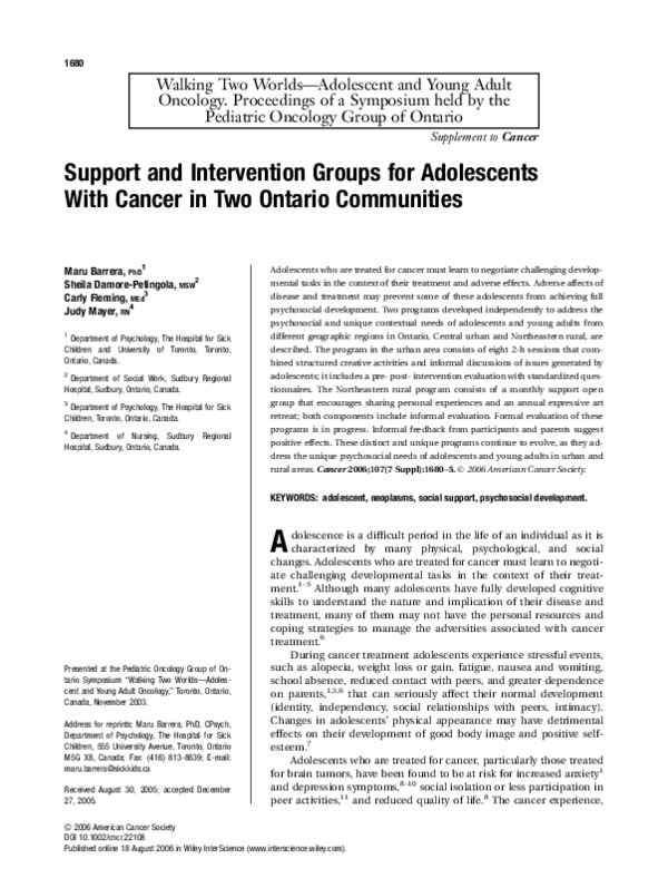 (PDF) Support and intervention groups for adolescents with cancer in ...