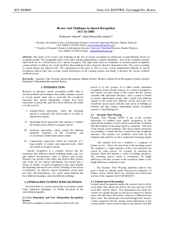 (PDF) Review and challenges in speech recognition