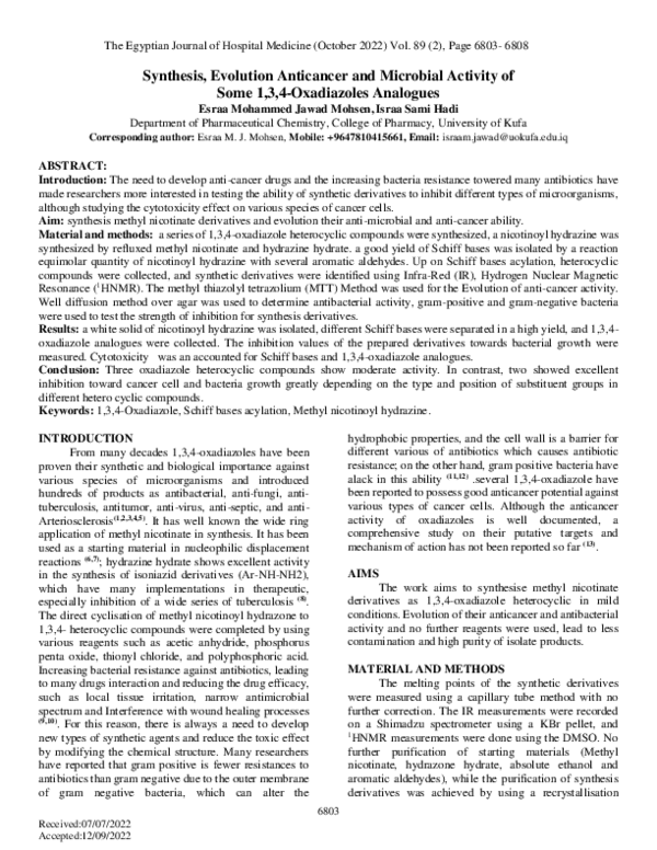 (PDF) Synthesis, Evolution Anticancer and Microbial Activity of Some 1 ...