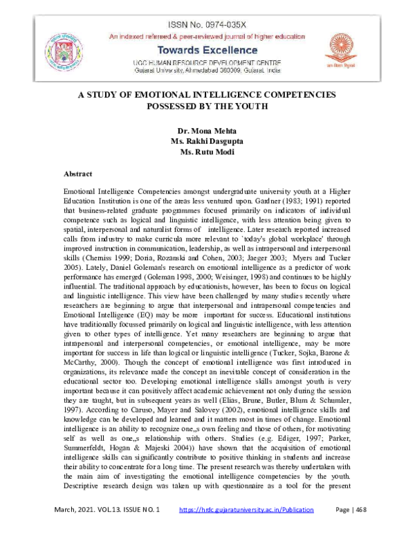 (PDF) A Study of Emotional Intelligence Competencies Possessed by the Youth