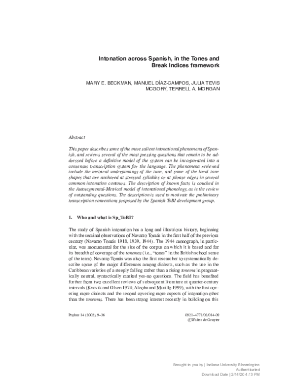 (PDF) Intonation across Spanish, in the Tones and Break Indices framework