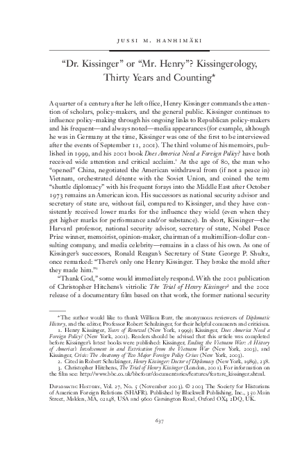(PDF) Dr. Kissinger" or "Mr. Henry"? Kissingerology, Thirty Years and ...