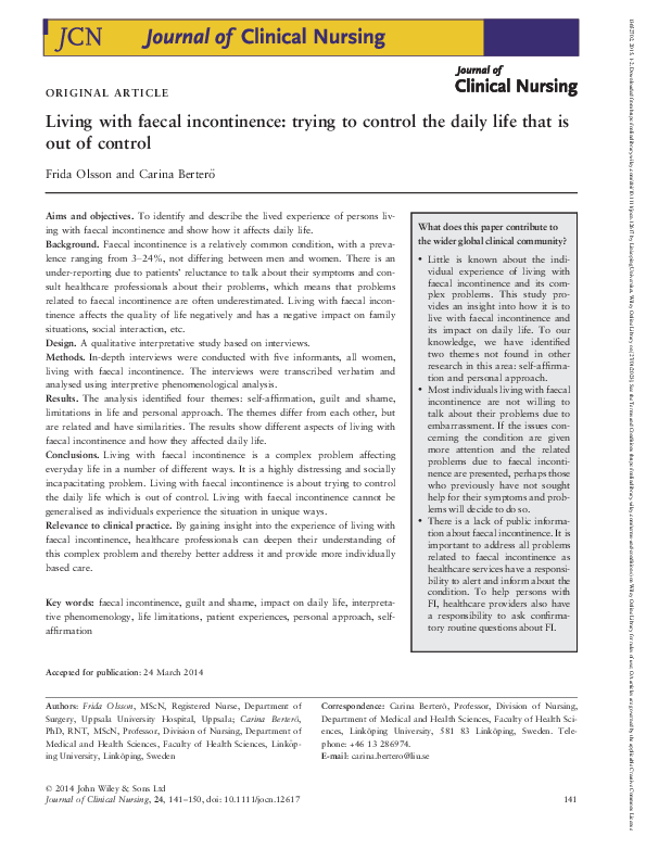 (PDF) Living with faecal incontinence: trying to control the daily life ...