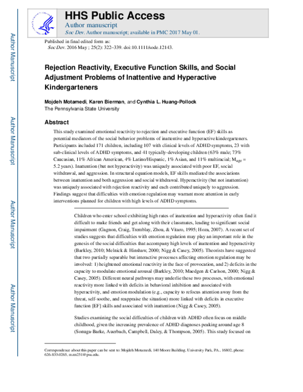 (PDF) Rejection Reactivity, Executive Function Skills, and Social ...