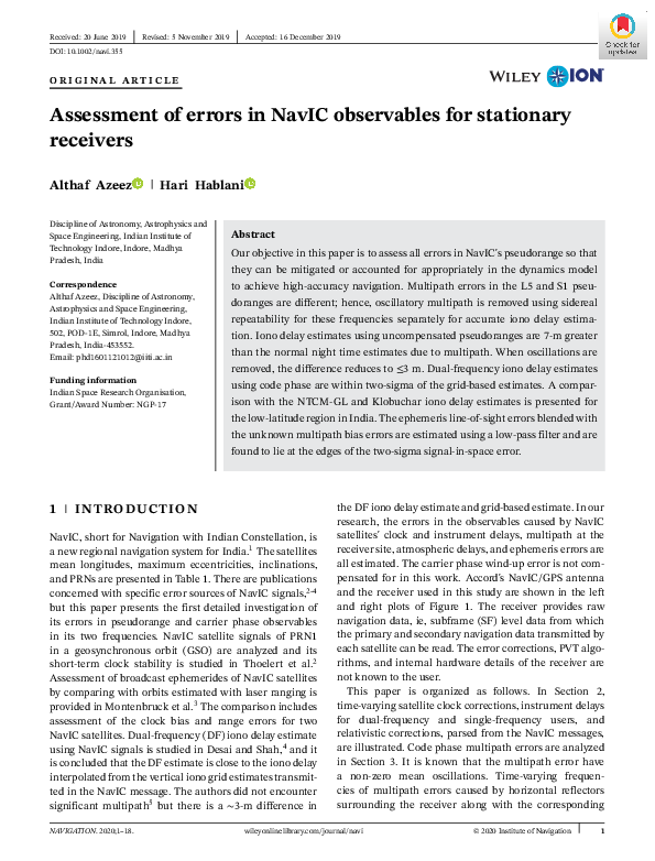 (PDF) Assessment of errors in NavIC observables for stationary receivers