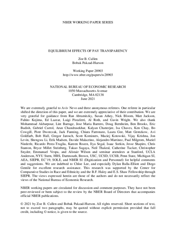 (PDF) Nber Working Paper Series Equilibrium Effects of Pay Transparency