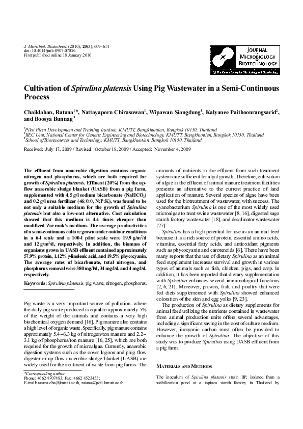 (PDF) Cultivation of Spirulina platensis Using Pig Wastewater in a Semi