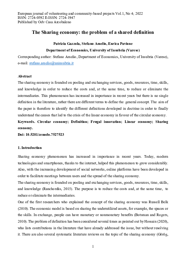 (PDF) The Sharing economy: the problem of a shared definition