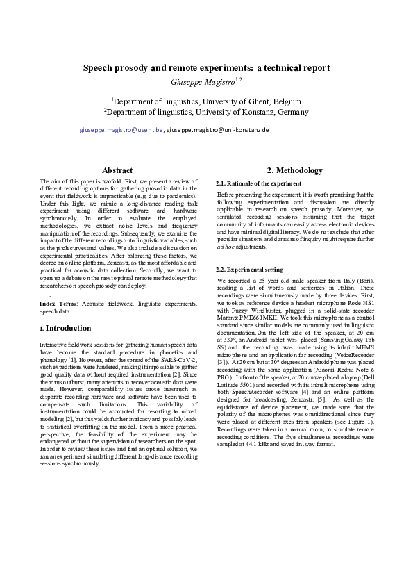 (PDF) Speech prosody and remote experiments: a technical report