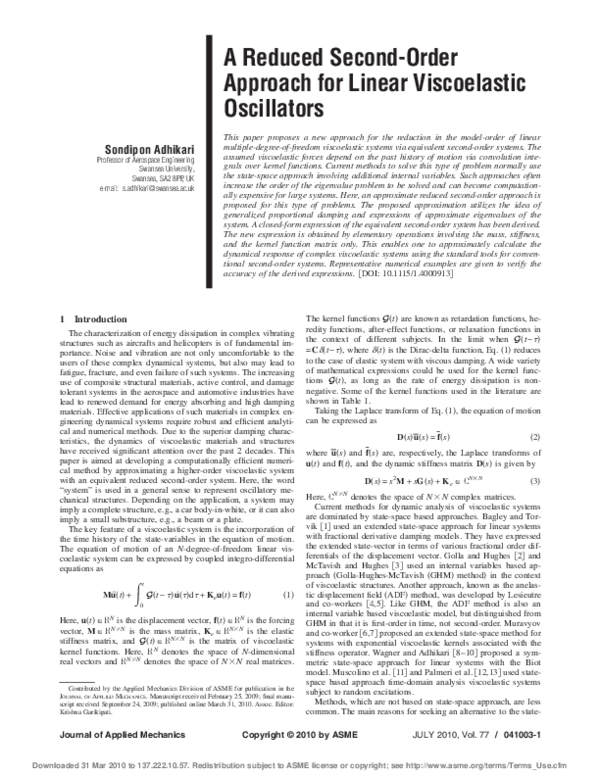 (PDF) A Reduced Second-Order Approach for Linear Viscoelastic Oscillators