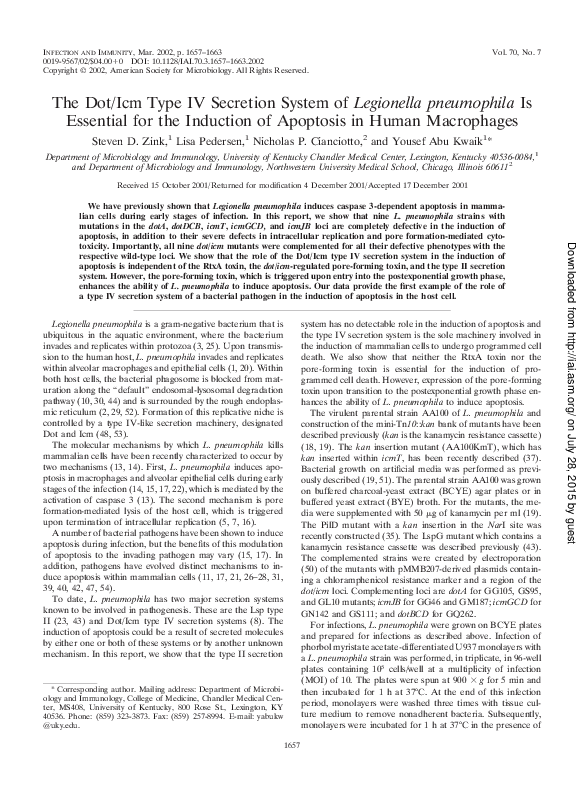 (PDF) The Dot/Icm Type IV Secretion System of Legionella pneumophila Is ...