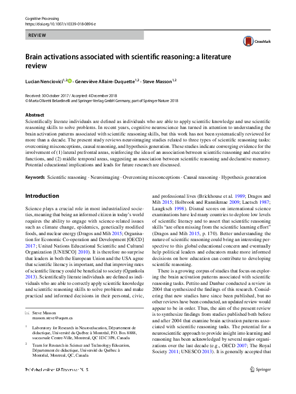 (PDF) Brain activations associated with scientific reasoning: a ...
