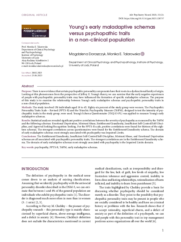 (PDF) Young’s early maladaptive schemas versus psychopathic traits in a ...