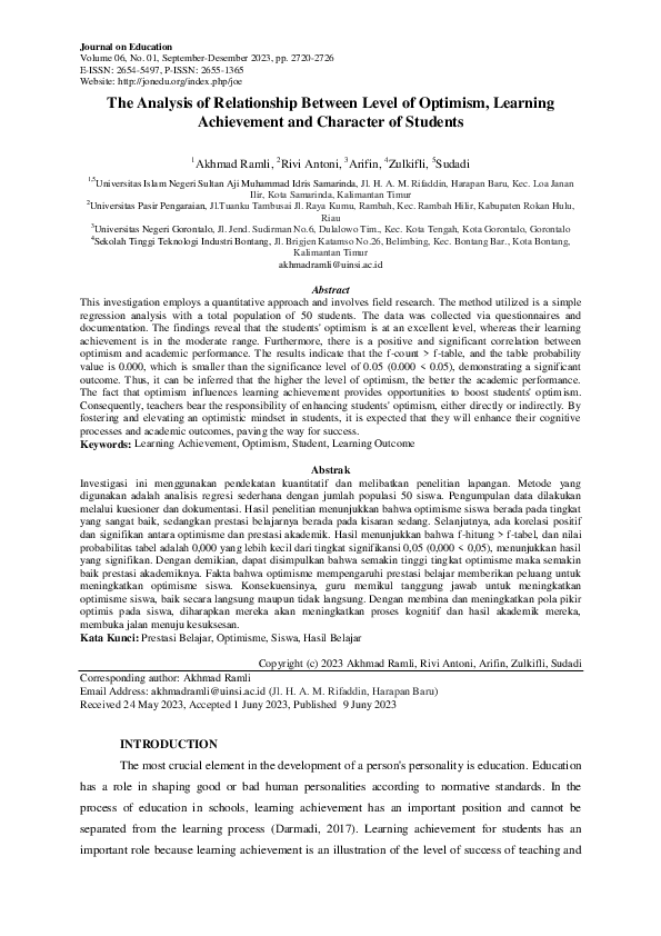 (PDF) The Analysis of Relationship Between Level of Optimism, Learning ...