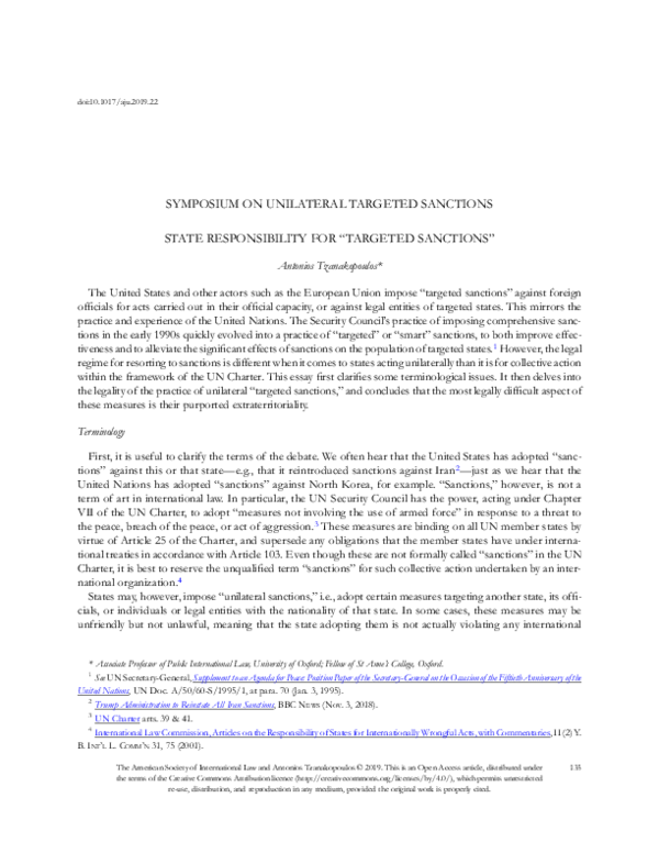 (PDF) State Responsibility for “Targeted Sanctions”