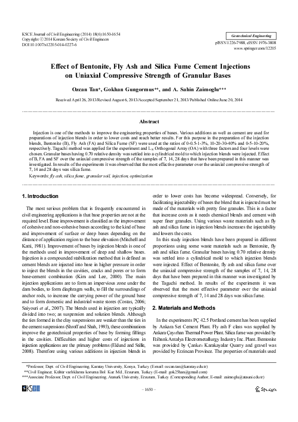 (PDF) Effect of Bentonite, Fly Ash and Silica Fume cement injections on ...