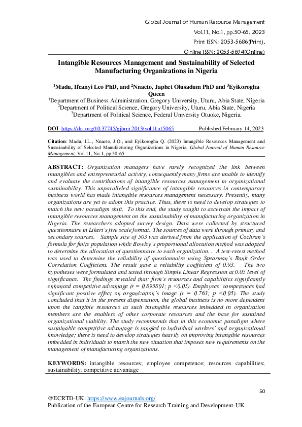 (PDF) Intangible Resources Management and Sustainability of Selected ...