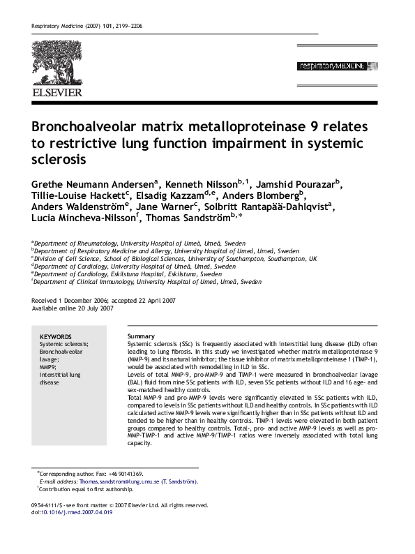 (PDF) Bronchoalveolar matrix metalloproteinase 9 relates to restrictive ...