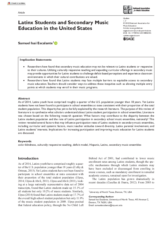 (PDF) Latinx Students and Secondary Music Education in the United