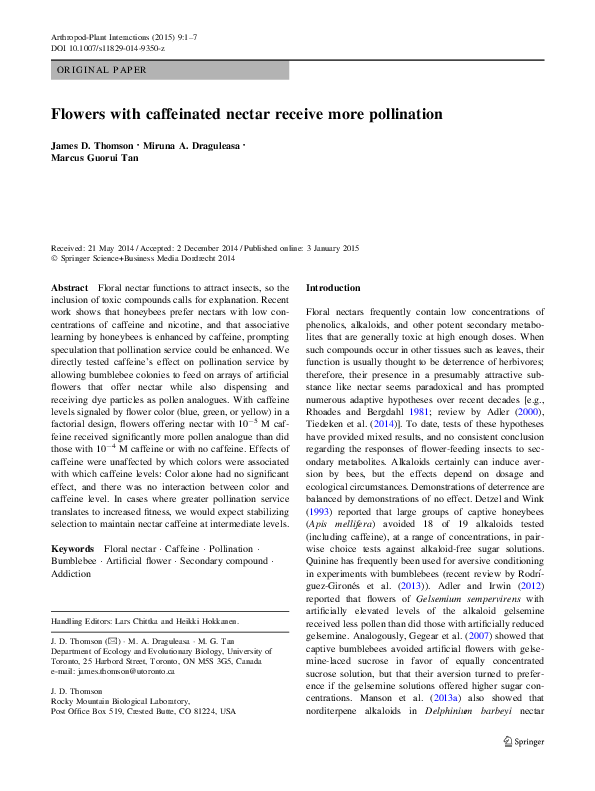 (PDF) Flowers with caffeinated nectar receive more pollination James