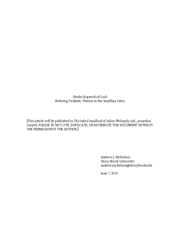 First page of “Hindu Disproofs of God: Refuting Vedantic Theism in the Samkhya Sutra”