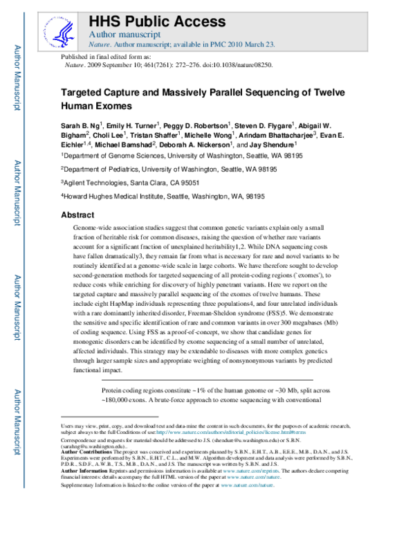 (PDF) Targeted capture and massively parallel sequencing of 12 human exomes