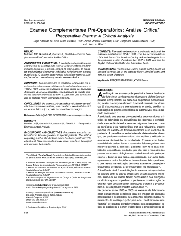 (PDF) Exames complementares pré-operatórios: análise crítica