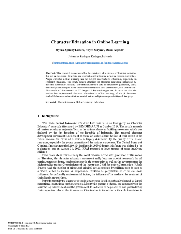 (PDF) Character Education in Online Learning