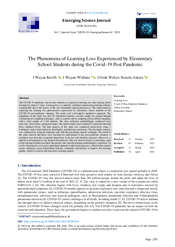 (PDF) The Phenomena of Learning Loss Experienced by Elementary School ...