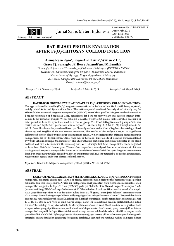 (PDF) RAT BLOOD PROFILE EVALUATION AFTER Fe3O4/CHITOSAN COLLOID INJECTION