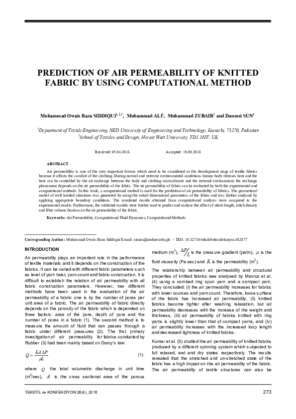 (PDF) Prediction of Air Permeability of Knitted Fabric by Using ...