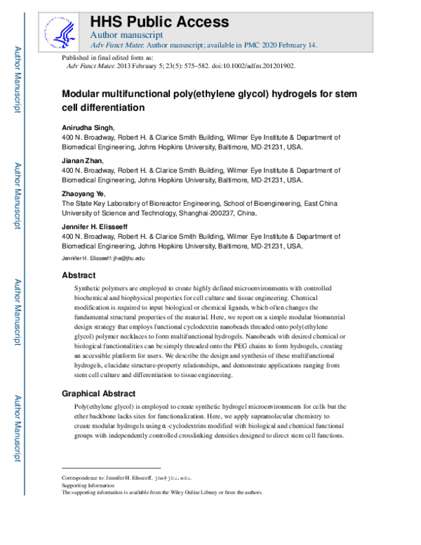 (PDF) Modular Multifunctional Poly(ethylene glycol) Hydrogels for Stem ...