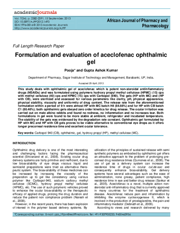 (PDF) Formulation and evaluation of aceclofenac ophthalmic gel