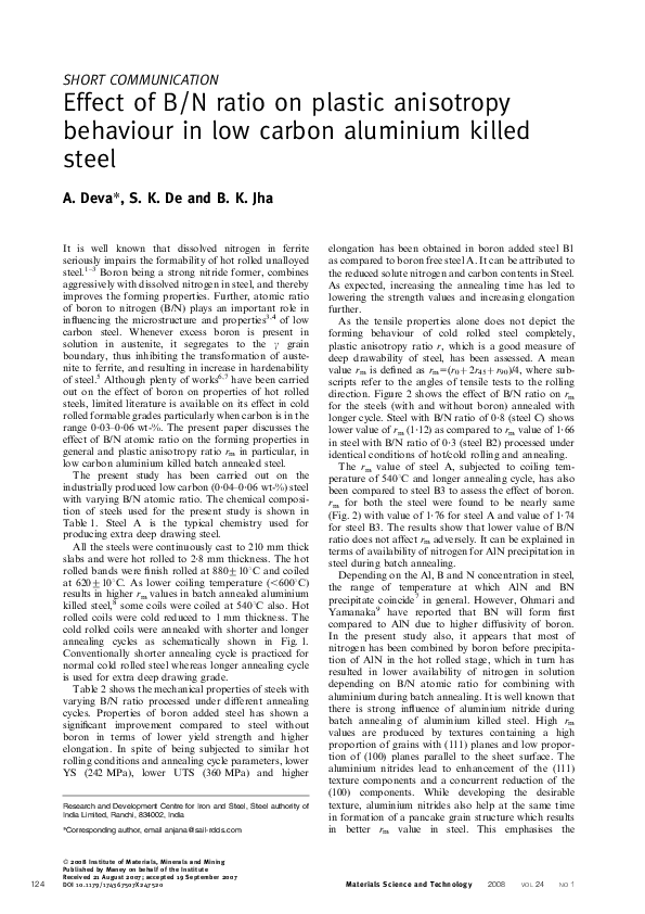 (PDF) Effect of B/N ratio on plastic anisotropy behaviour in low carbon ...