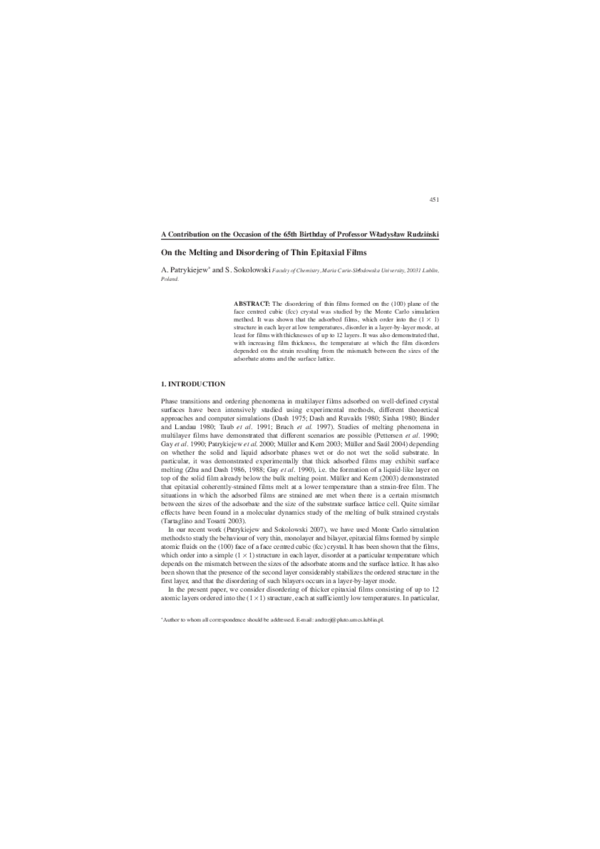 (PDF) On the Melting and Disordering of Thin Epitaxial Films