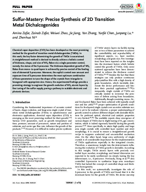 (PDF) Sulfur‐Mastery: Precise Synthesis of 2D Transition Metal ...