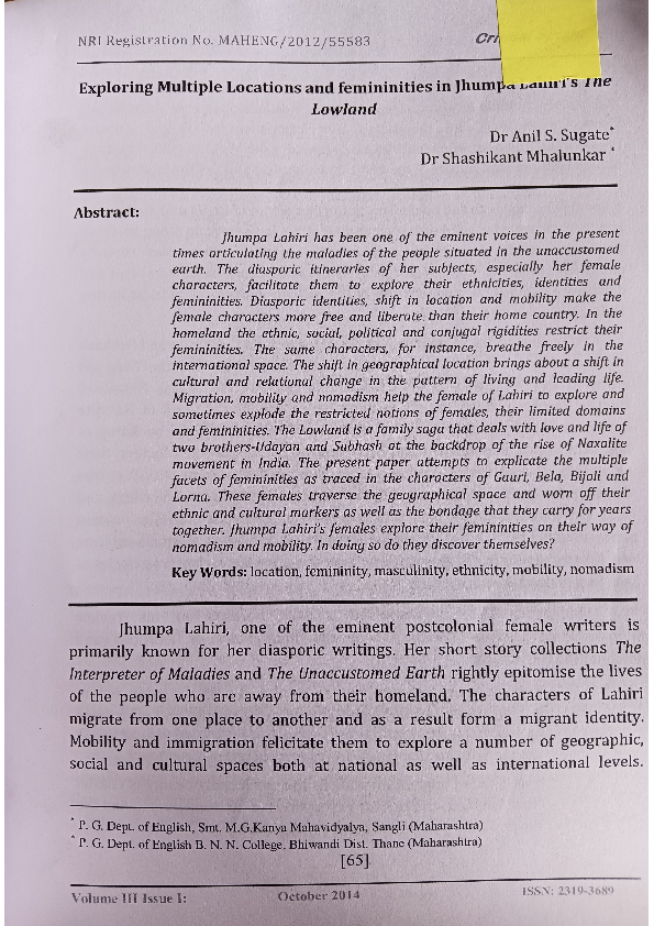 (PDF) Exploring Multiple Locations and Feminities in Jhumpa Lahri's The ...