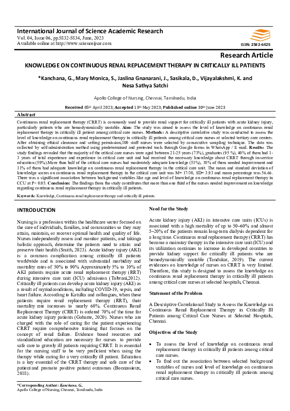 (PDF) KNOWLEDGE ON CONTINUOUS RENAL REPLACEMENT THERAPY IN CRITICALLY ...
