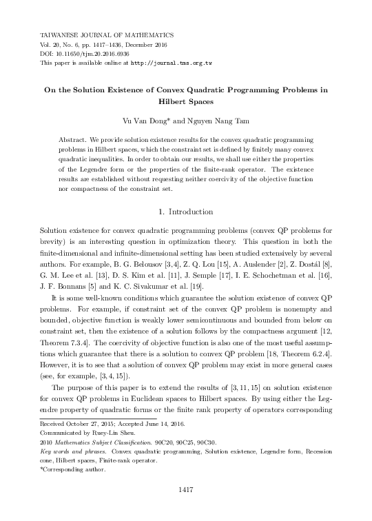 (PDF) On the Solution Existence of Convex Quadratic Programming ...